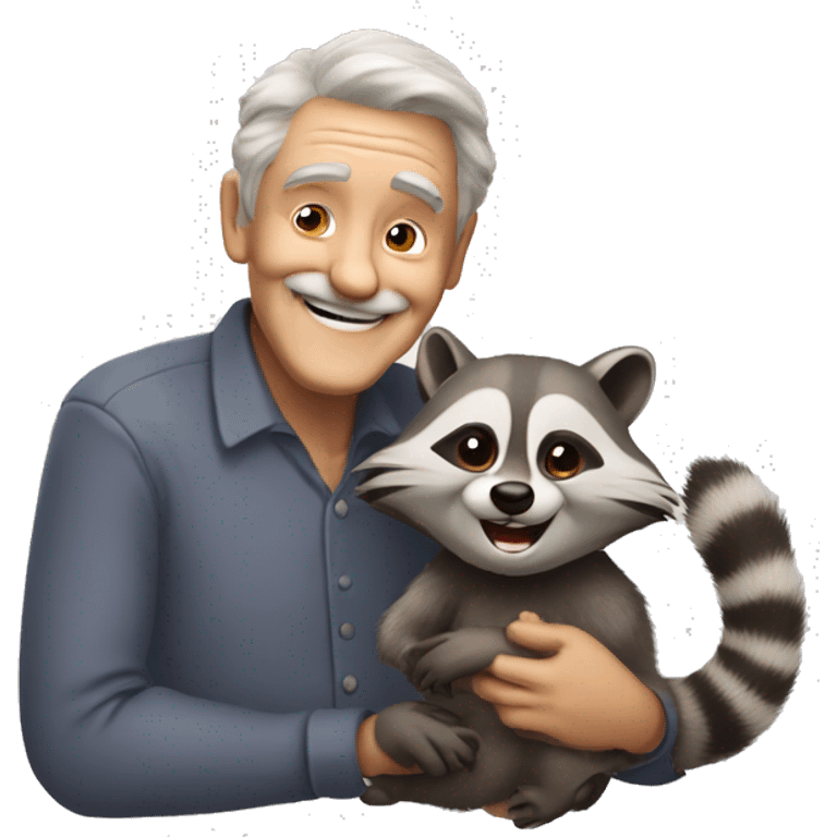 a funny old man smiling with racoon on his hands emoji