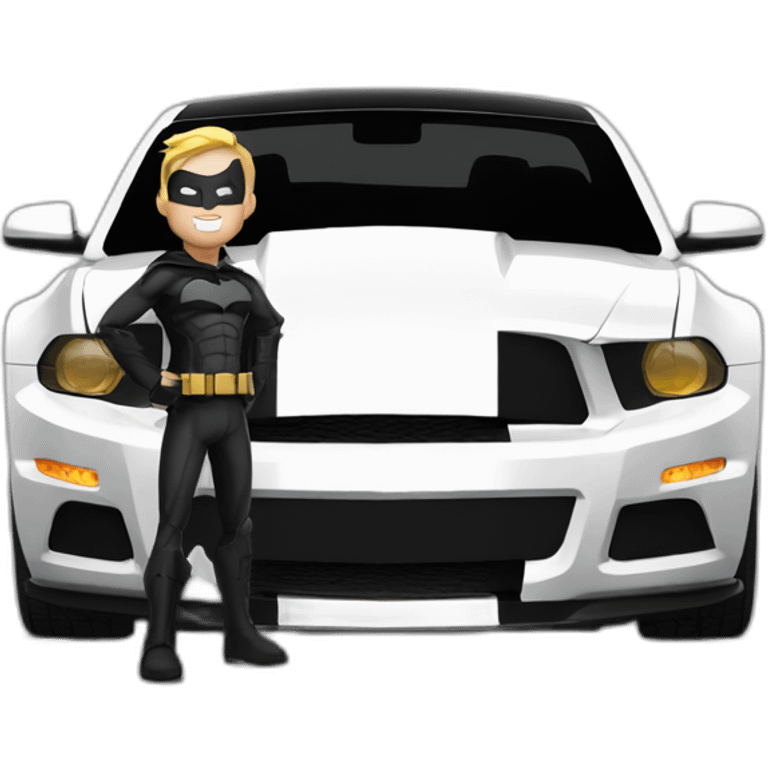 Batman standing beside his 2010 model mustang in white with black roof and black stripes AI images emoji