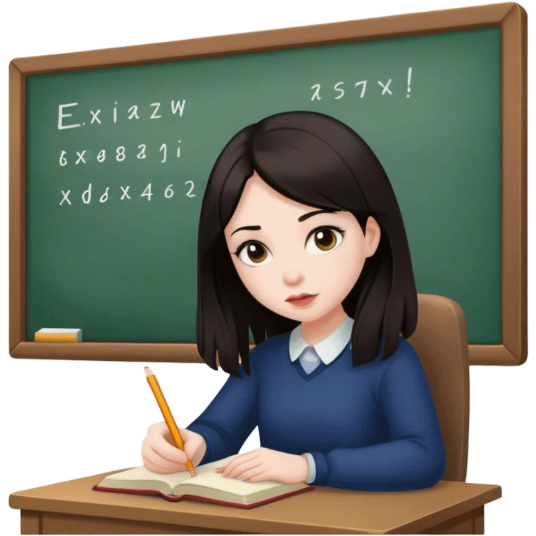 Girl with dark hair, pale skin, studying emoji