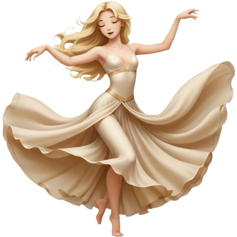 A blonde girl with long hair in a cinematic realistic dancing pose, elegant movements of the dancers, the soft fabric of their outfits flowing to the beat of their movements, spectacular lighting emphasizing graceful lines radiating passion and poise. emoji