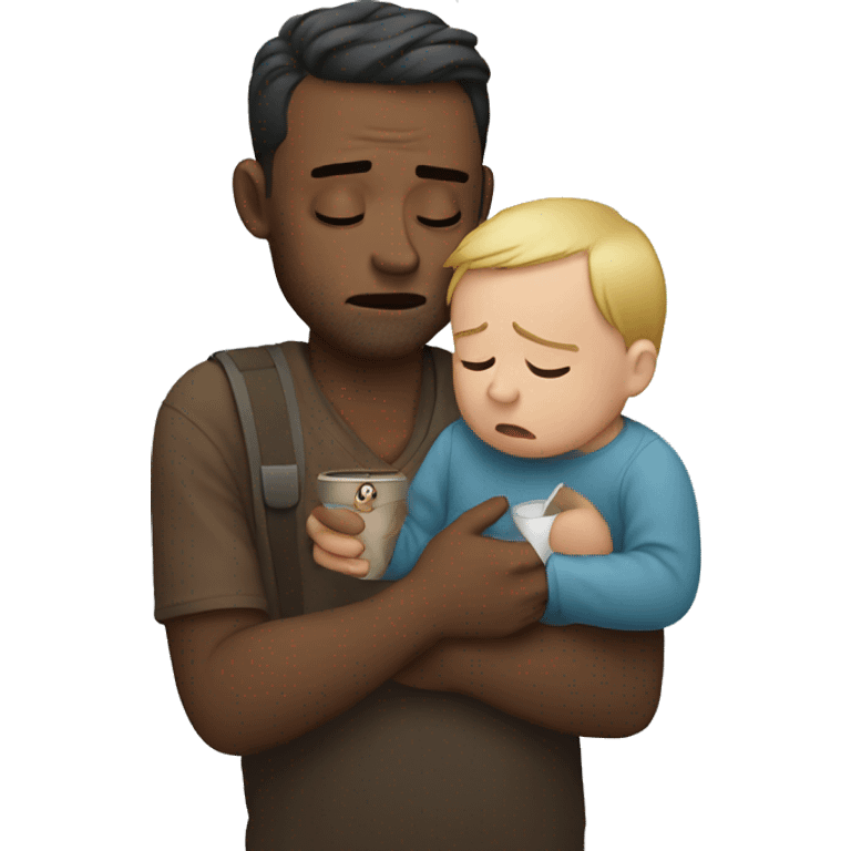 a man holding a baby with a coffee and crying emoji