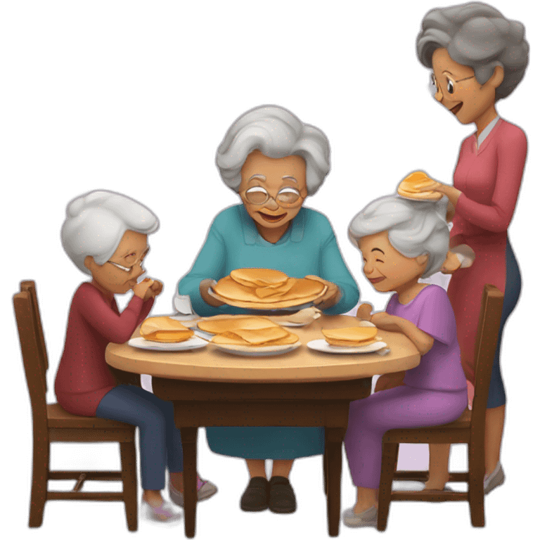 Granny with family in the table eat pancakes emoji