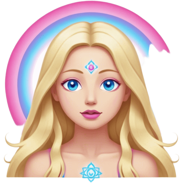 Cinematic realistic blonde with long hair, blue eyes, pink lips meditates, her chakras glow emoji