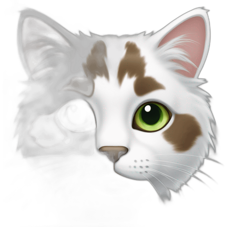 white fluffy bi-colour cat with dark brown ears and upper head, brown ears and green eyes emoji