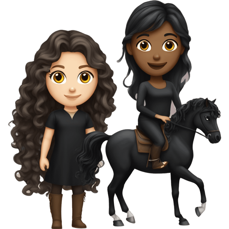 White girl, black shirt, long dark brunette curly hair, next to a black arabian horse emoji