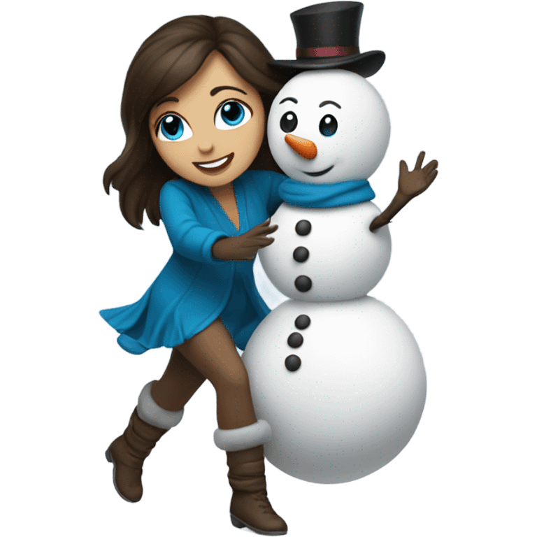 Blue-eyed brunette dancing with snowman emoji