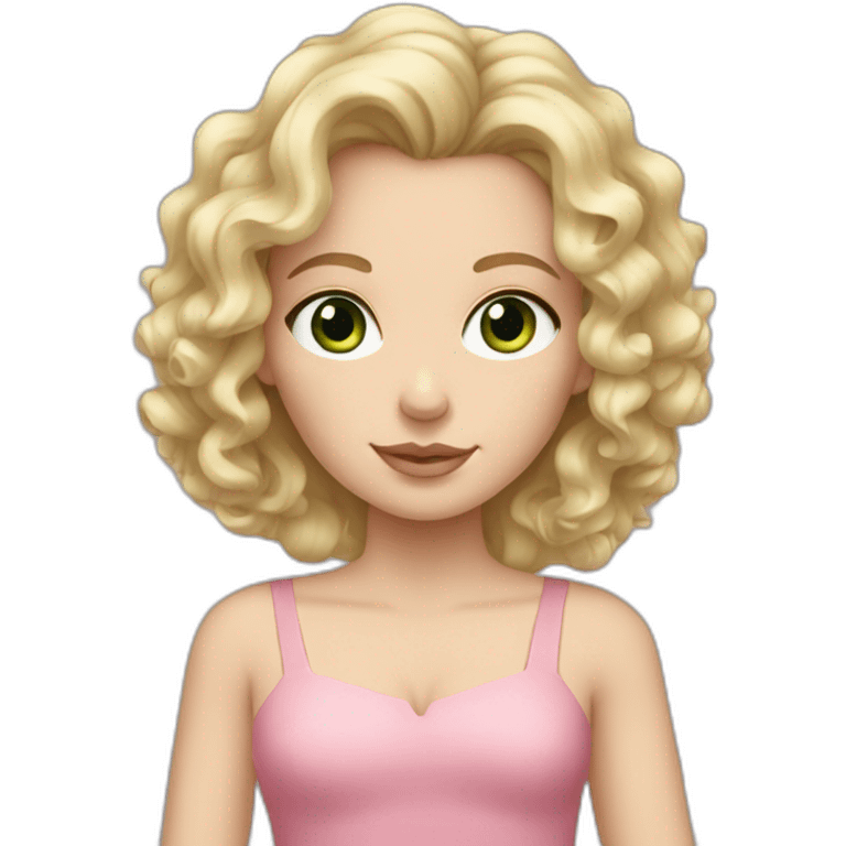 White girl with curly blonde hair grey-green eyes, pink dress emoji