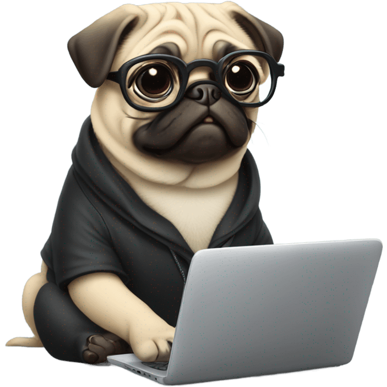 a pug wearing glasses with laptop emoji