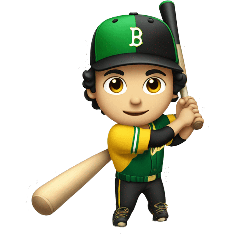 White boy with black hair swinging baseball bat with green and yellow uniform with an M in his hat emoji