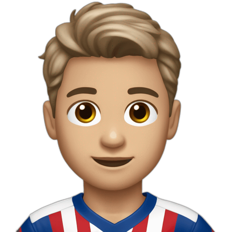 Niño blanco de 6 años, pelo castaño liso y corto, ojos marrones  con camiseta del Atlético de Madrid emoji