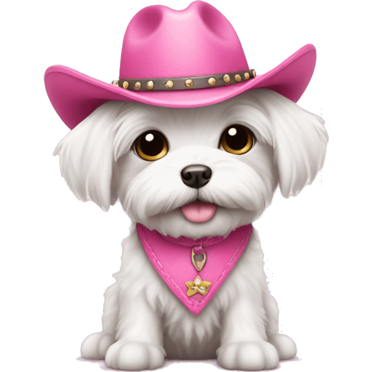 Cute small Maltese puppy wearing pink cowboy hat emoji