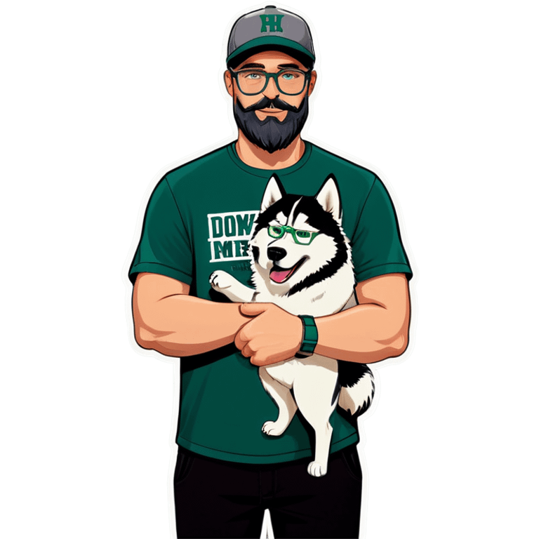 A bold man with a grey baseball cap, green eyes, big beard and glasses holding a husky dog emoji