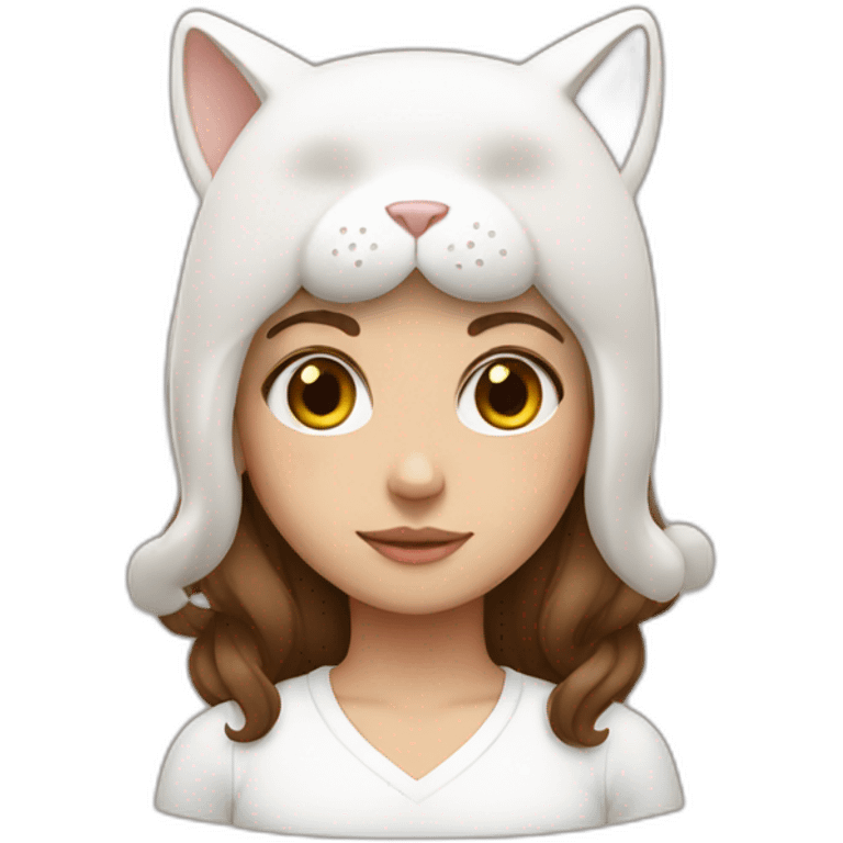 Brown hair girl with white cat on head emoji