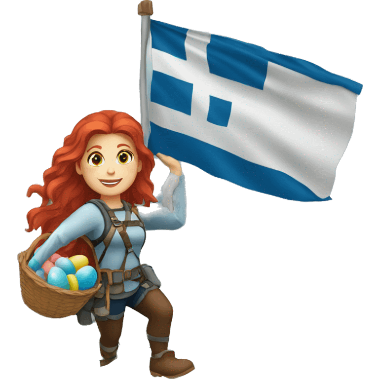 Female mountaineer red hair climbing with Greek flag and holding Easter eggs basket emoji