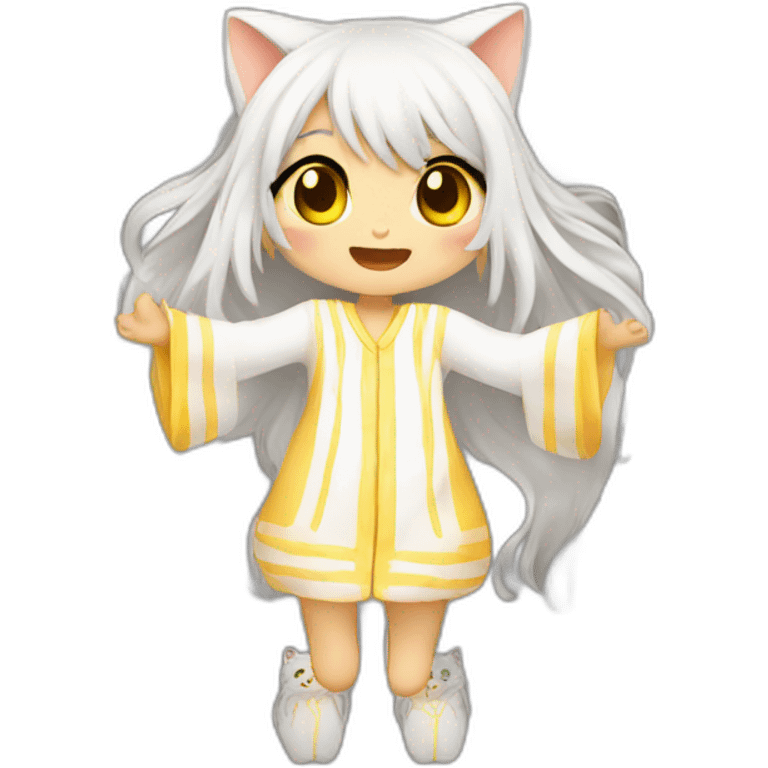 Catgirl with long white hair yellow eyes in Choral pajamas waving emoji