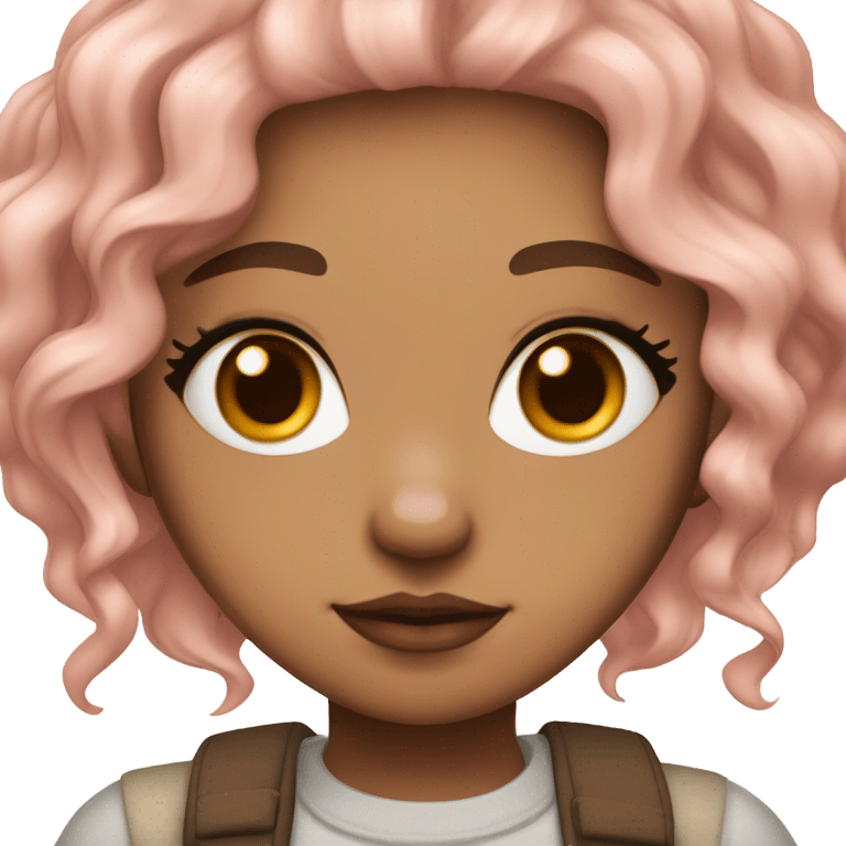 medium tan girl, pale pink and orange hair, wavy hair, brown eyes and long lashes, small plump lips with cherry tint, pink blush cute, brown eyeliner, mole in the cheek, lip piercing, cute grunge clothes emoji