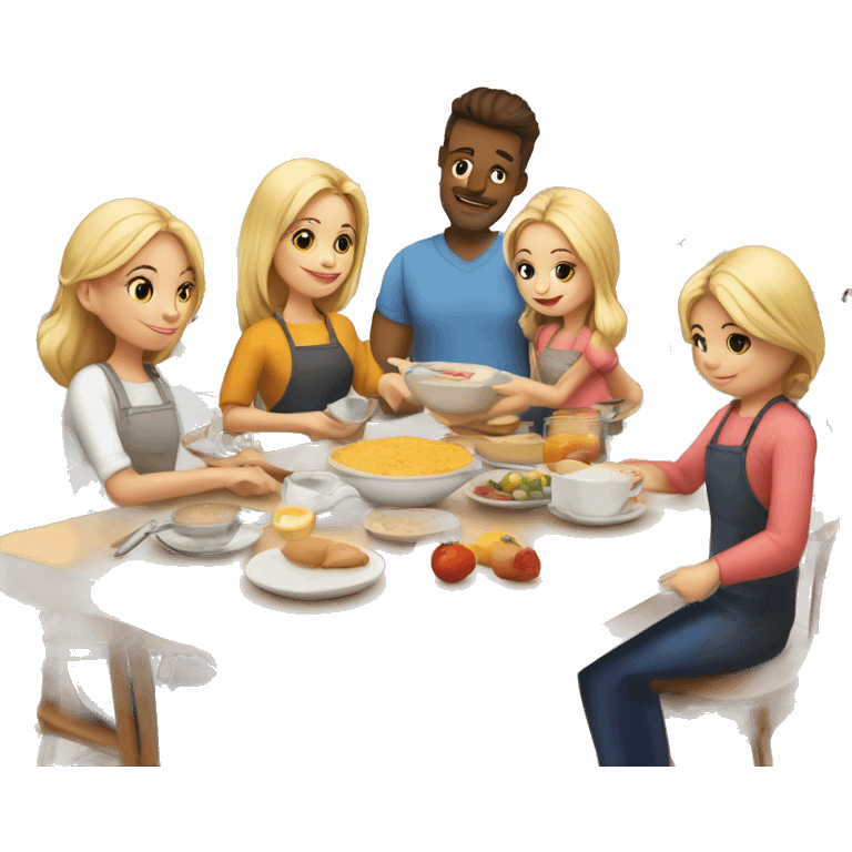 6 blonde family members preparing breakfast at cozy kitchen  emoji