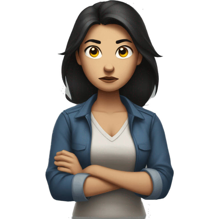 Angry scowling woman, long dark hair, with arms crossed over chest. emoji