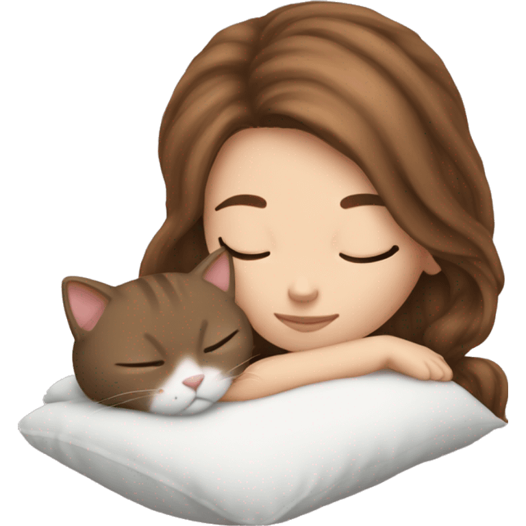 White girl brown hair sleeping with calico kitty emoji