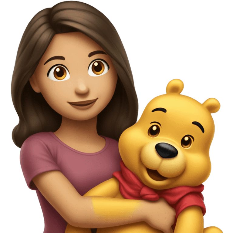 Pretty brunette girl hugging winne the Pooh  emoji