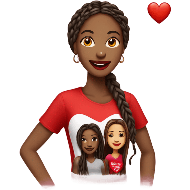 Light brown lady smiling, dark brown very long African braids, bright red lips, eyelashes, wearing red “happy Valentine’s Day” t shirt emoji