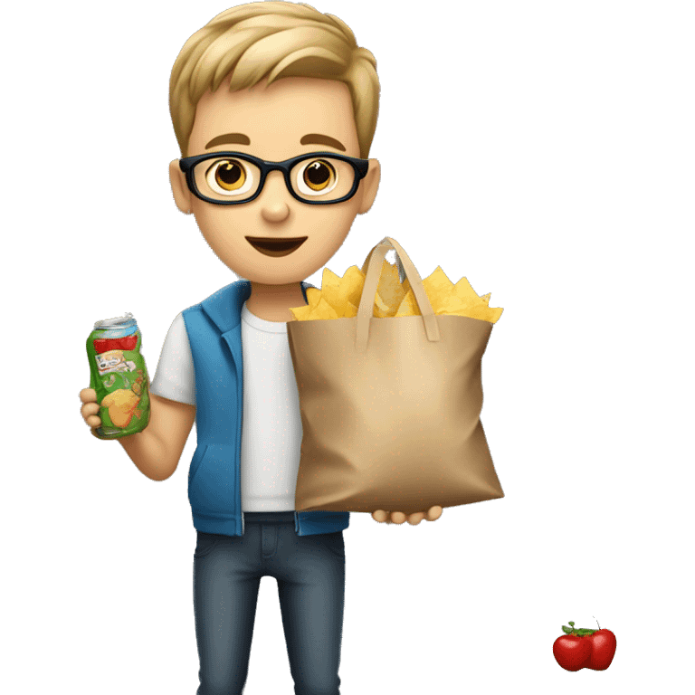 A boy with short cut dark blonde hair with glasses holding Shopping bag with food like a chips, juice and more emoji