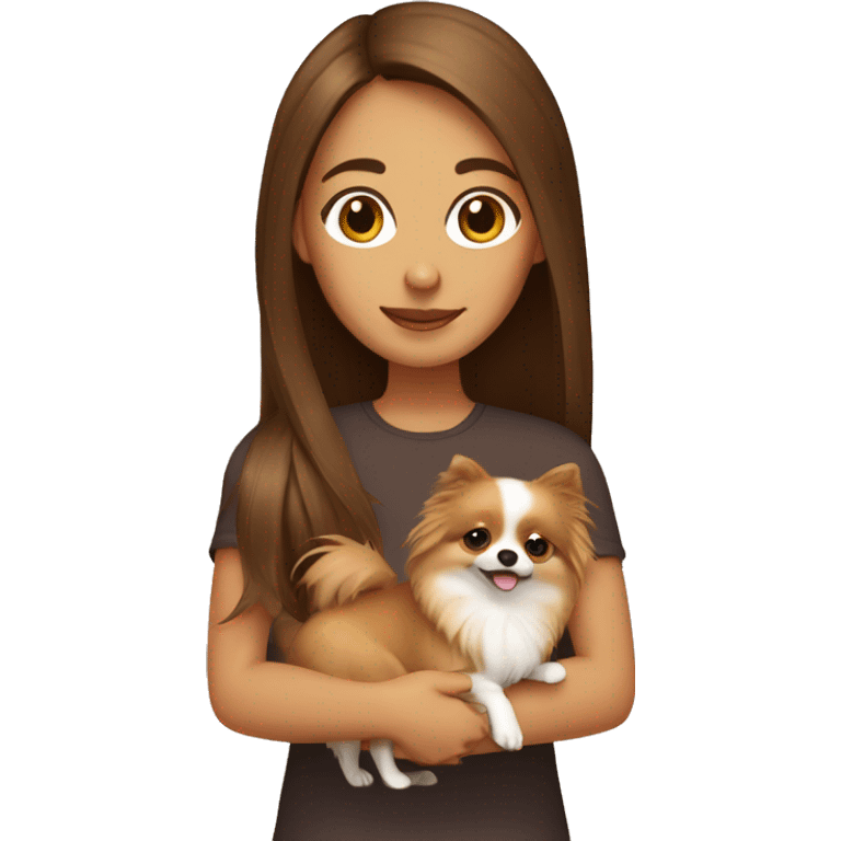 Girl with long brown hair holding a Pomeranian dog emoji