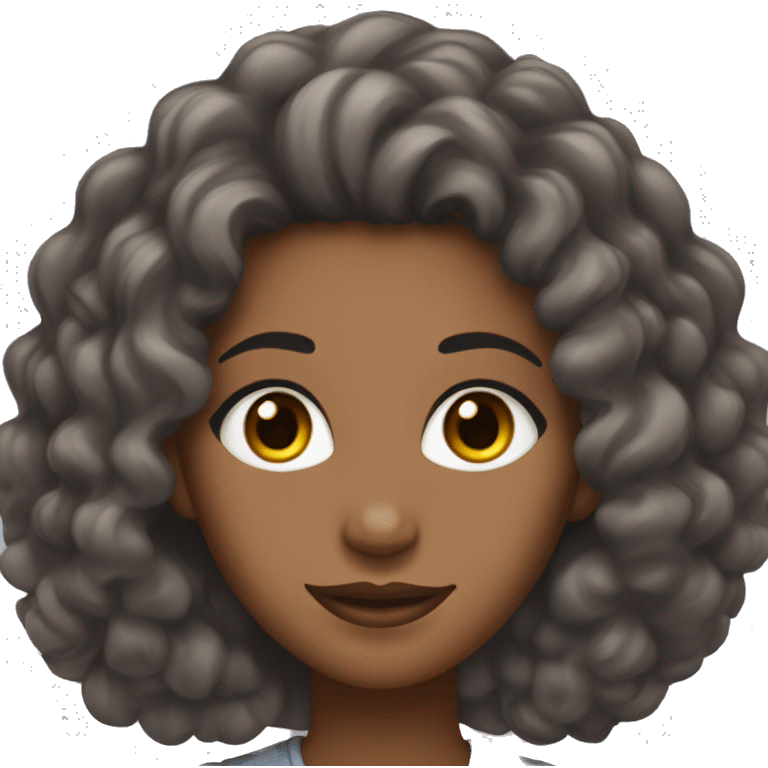 Black woman with brownish shoulder length curly hair almond shaped eyes, long eye lashes, arched eye brows and gray eyes  emoji