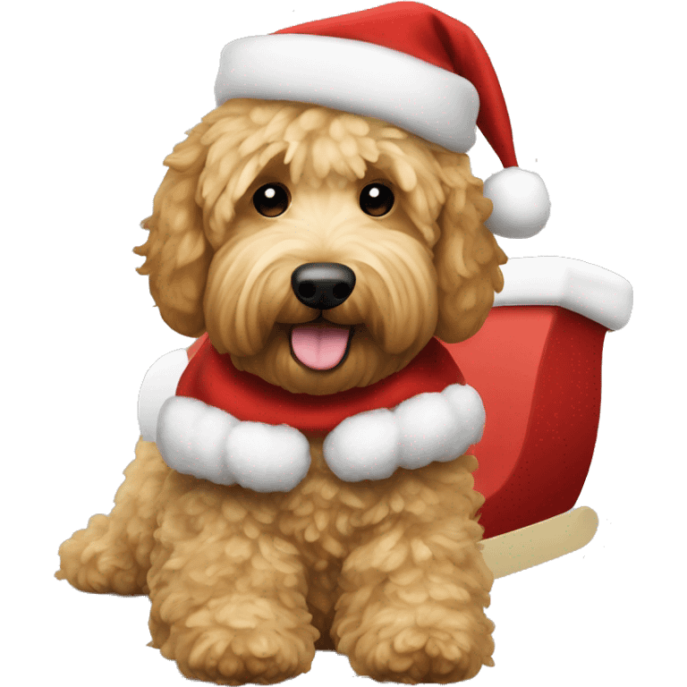 Goldendoodle dog with Santa Claus dress in the sleigh emoji