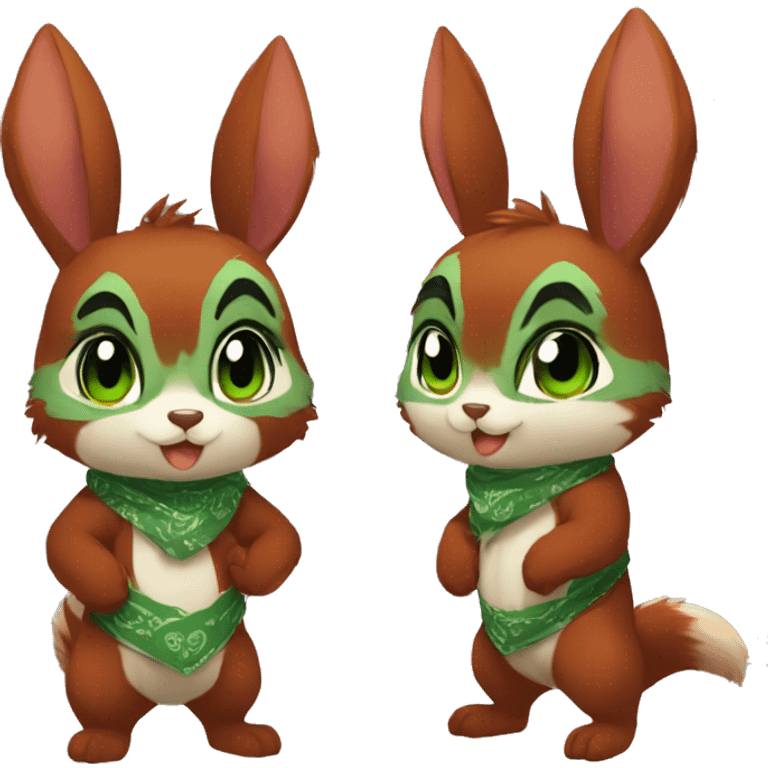 Cute, Chibi, chubby, fluffy, Kemono-style, Anthro, Fur-Sona, Dark-Red, Squirrel-Rabbit-hybrid-Fakémon, with a green bandana, full body emoji