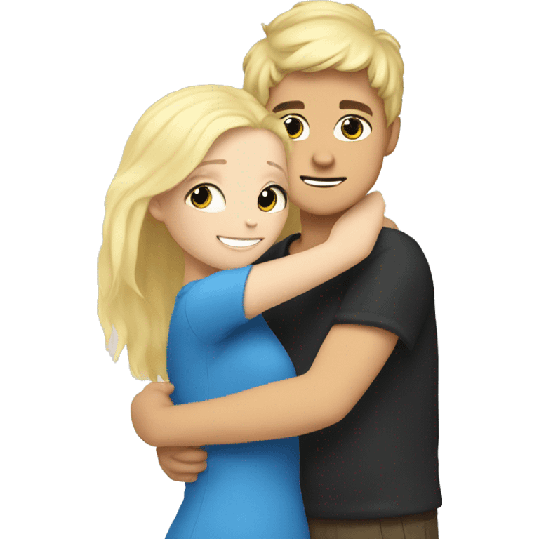 boy with black hair and blue eyess hugging a girl with blonde hair and hazel eyes emoji