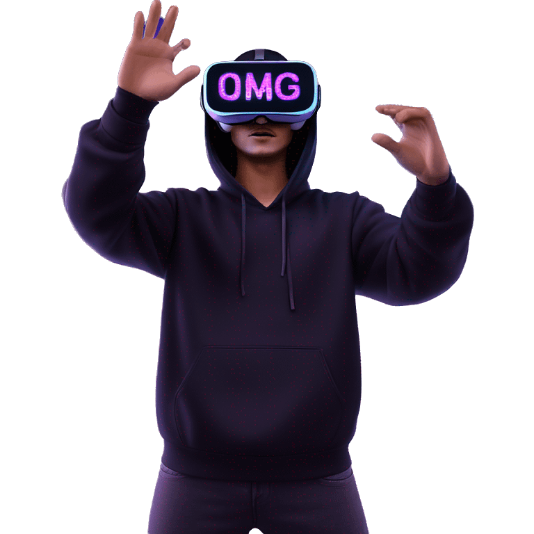 Russian man wearing a black hoodie with "OMG" letters on it and VR headset oculus quest 2 in a cyberpunk VR environment with violet neon lighting. Showing direction with hand emoji