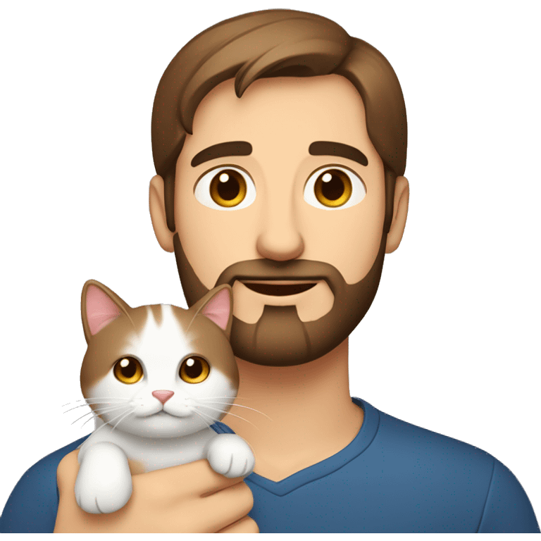 Russian brown hair man with beard holding cute small white and red cat emoji