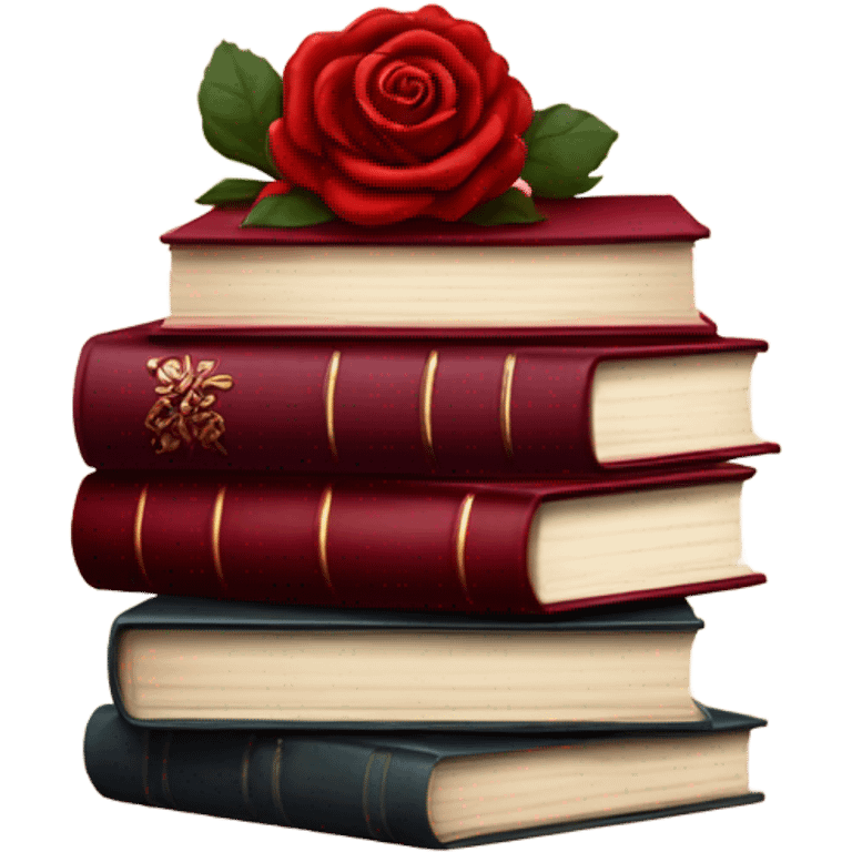 A red stack of books with a maroon bouquet of vintage-style roses and a silk ribbon emoji