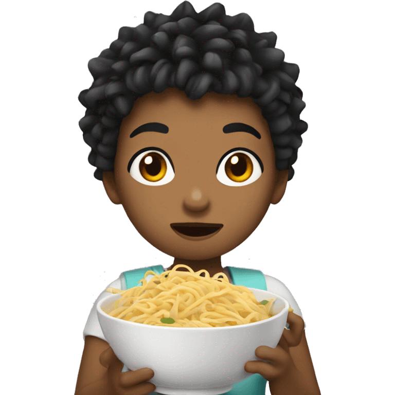 Girl with dark spiky hair eating noodles emoji