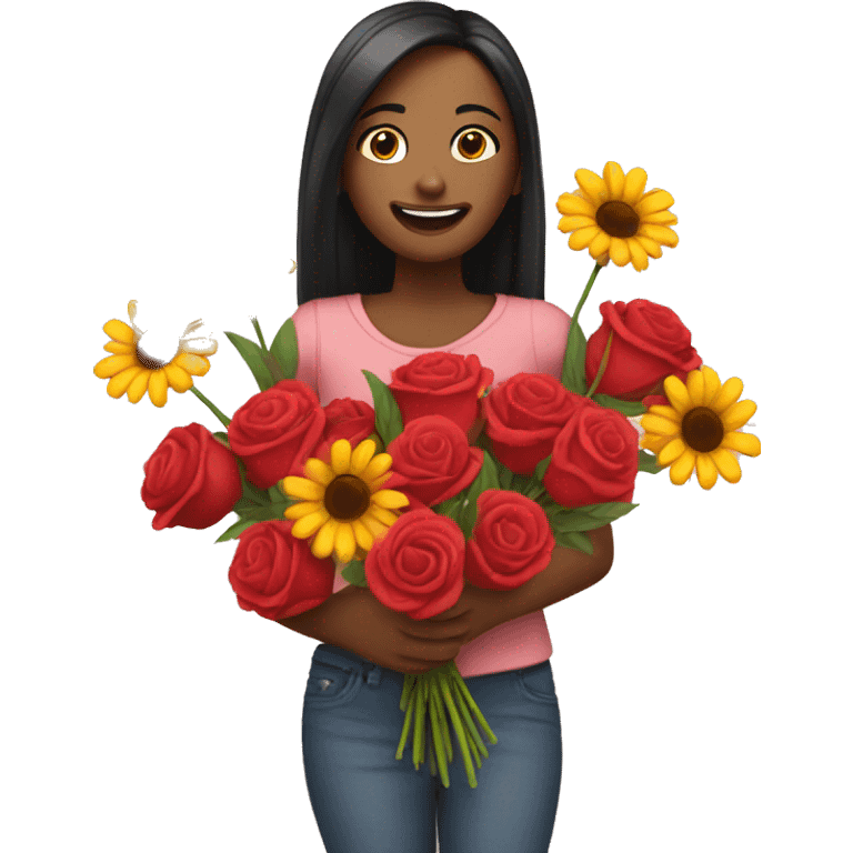 An emoji in love holding a bouquet of flowers emoji