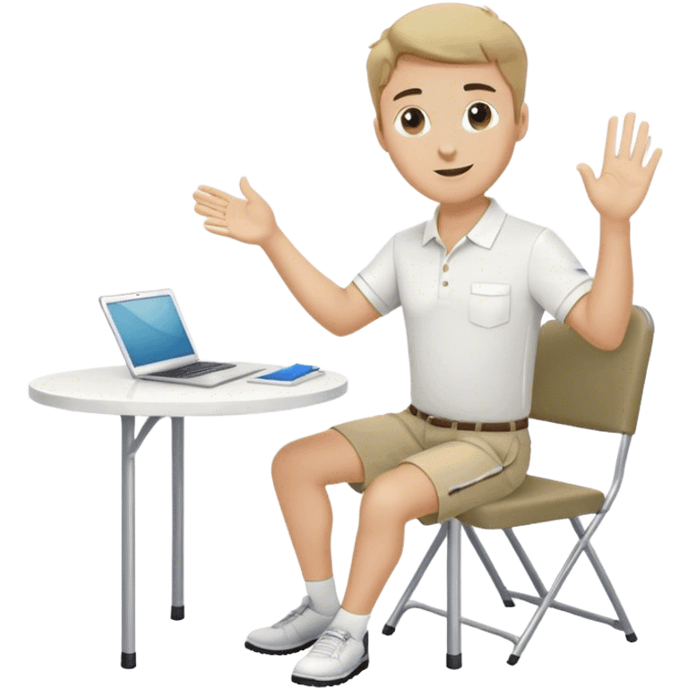 Pool attendant. white polo shirt. khaki shorts. waving. Sitting at white folding table. folder on table emoji