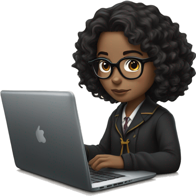 Hermione Granger with black curly hair (hand-tied), and specs, working on laptop emoji