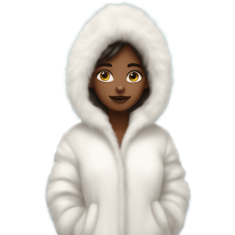 Girl in a big fluffy oversized white fur coat with hood on emoji