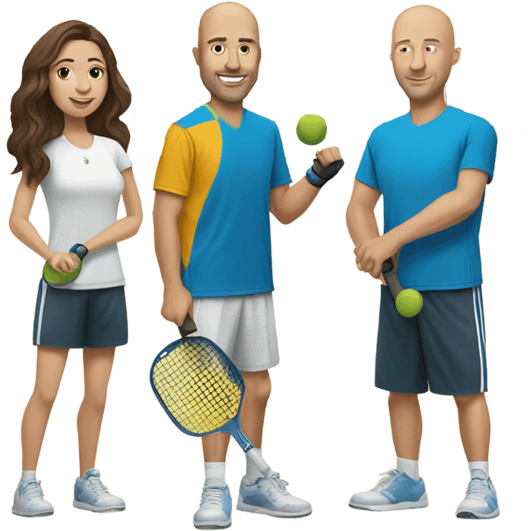 4 Caucasian people playing pickleball with 1 tall bald male, 1 shorter dark brown hair male, 1 girl with long brown hair, 1 girl  with brown hair emoji