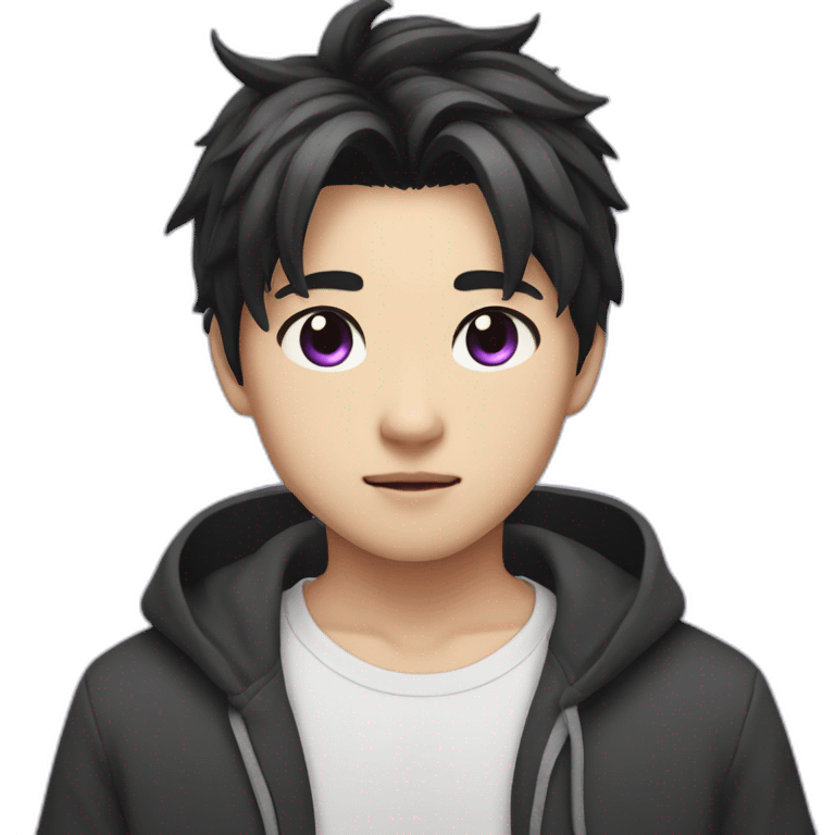 Cute japanese boy with cat ears, black medium hair and purple eyes emoji