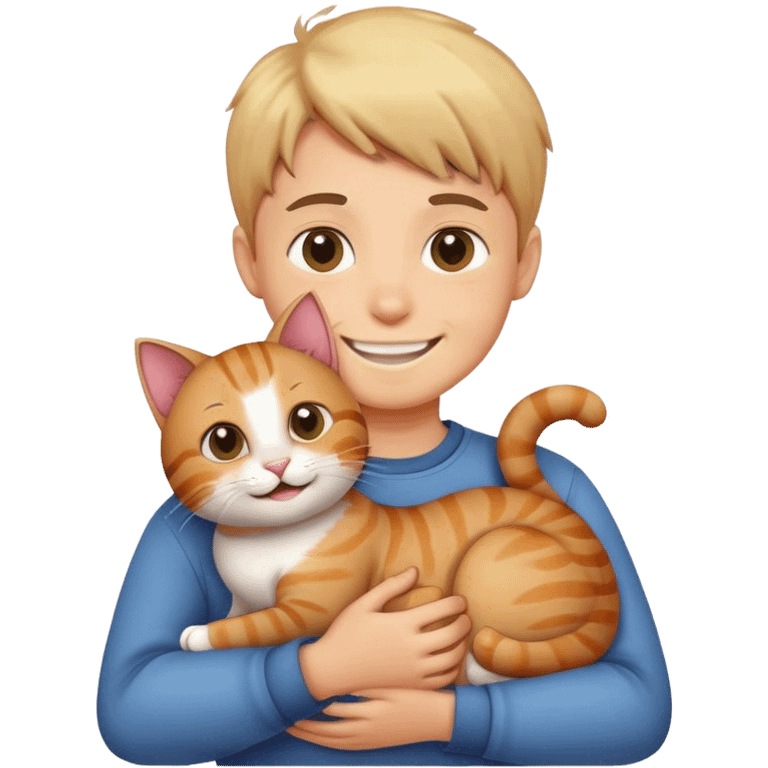 boy holding cat with smile emoji