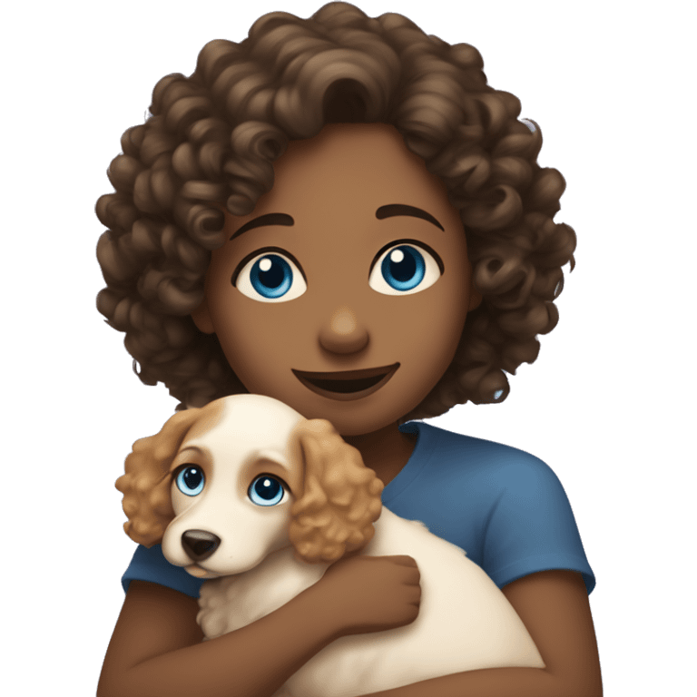 Curly girl with blue eyes hug puppy  emoji