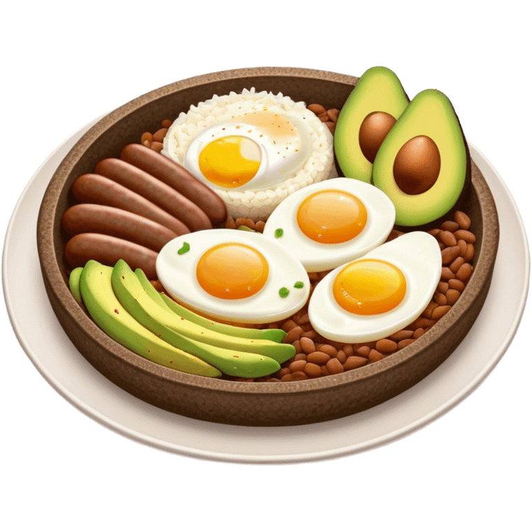 Bandeja Paisa Cinematic Realistic Bandeja Paisa Dish Emoji, depicted as a hearty platter featuring rice, beans, avocado slices, one sausage, a perfectly cooked egg, and crispy pork crackle, rendered with vivid textures and robust, inviting lighting. emoji