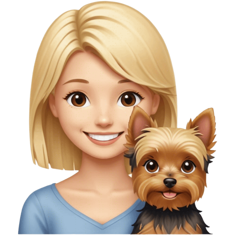 blonde girl smiling with  Yorkshire Terrier emoji