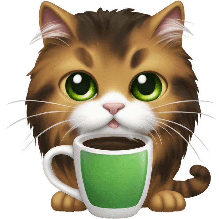 Long hair tortoise shell cat with green eyes and a white patch of fur over right eye drinking coffee emoji