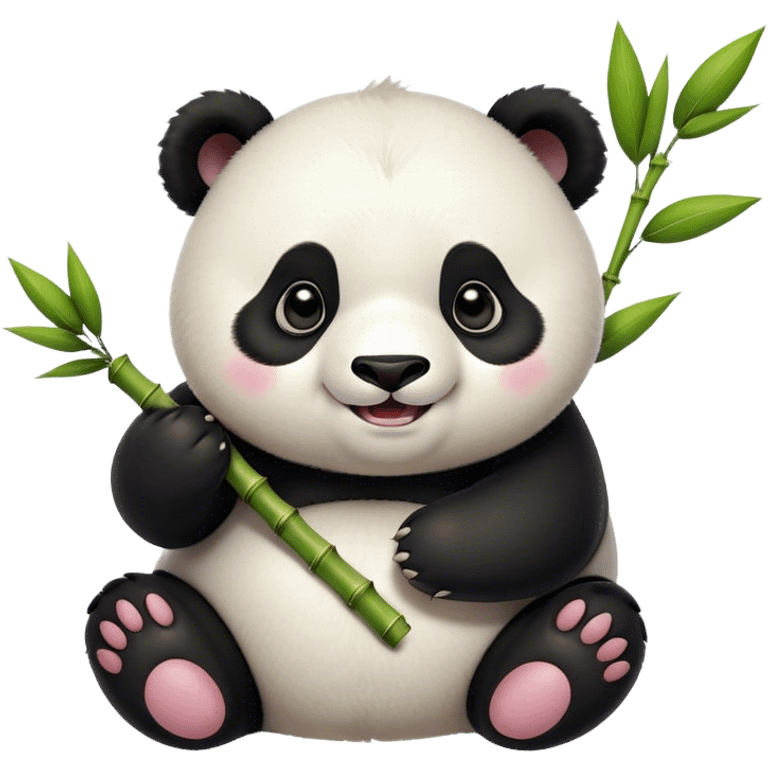 Cinematic smiling chubby panda, fluffy black and white fur, round rosy cheeks, tiny paws holding a bamboo shoot, sparkling eyes full of joy, soft glowing background, irresistibly huggable. emoji