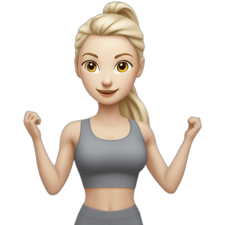 Pale skinned fit woman In a gray tight yoga suit With ash blonde hair in a ponytail doing yoga emoji