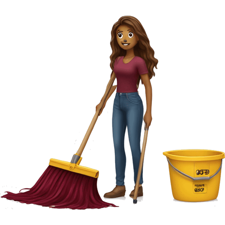 Beautiful burgundy long haired woman mopping the floor emoji