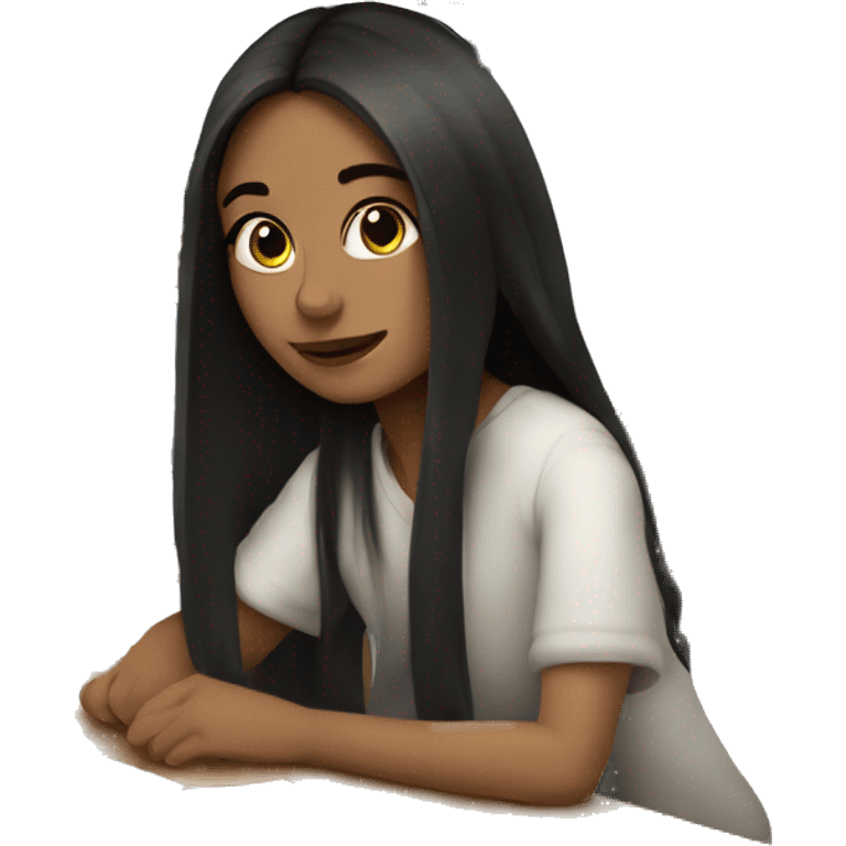 a girl with fair skin and dark long hair sits at a computer, books are lying nearby emoji